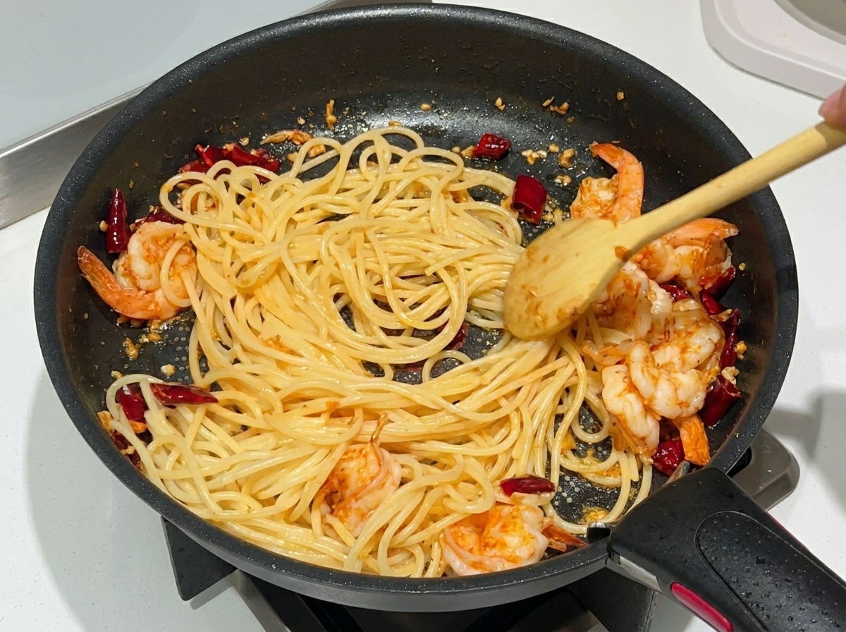 Tossing spaghetti and shrimp in a frying pan with a wooden spoon to evenly coat the noodles.