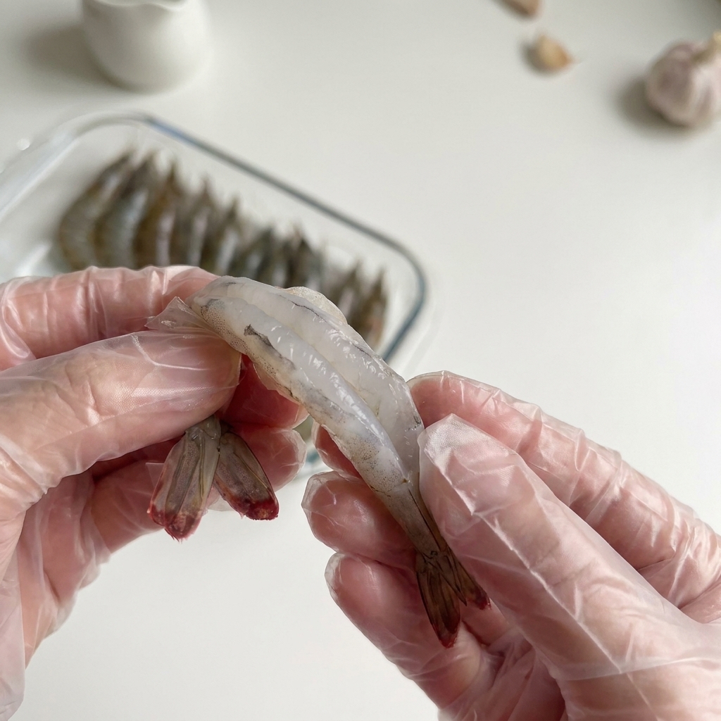Gloved hands peeling and removing the dark vein from a raw grey shrimp.