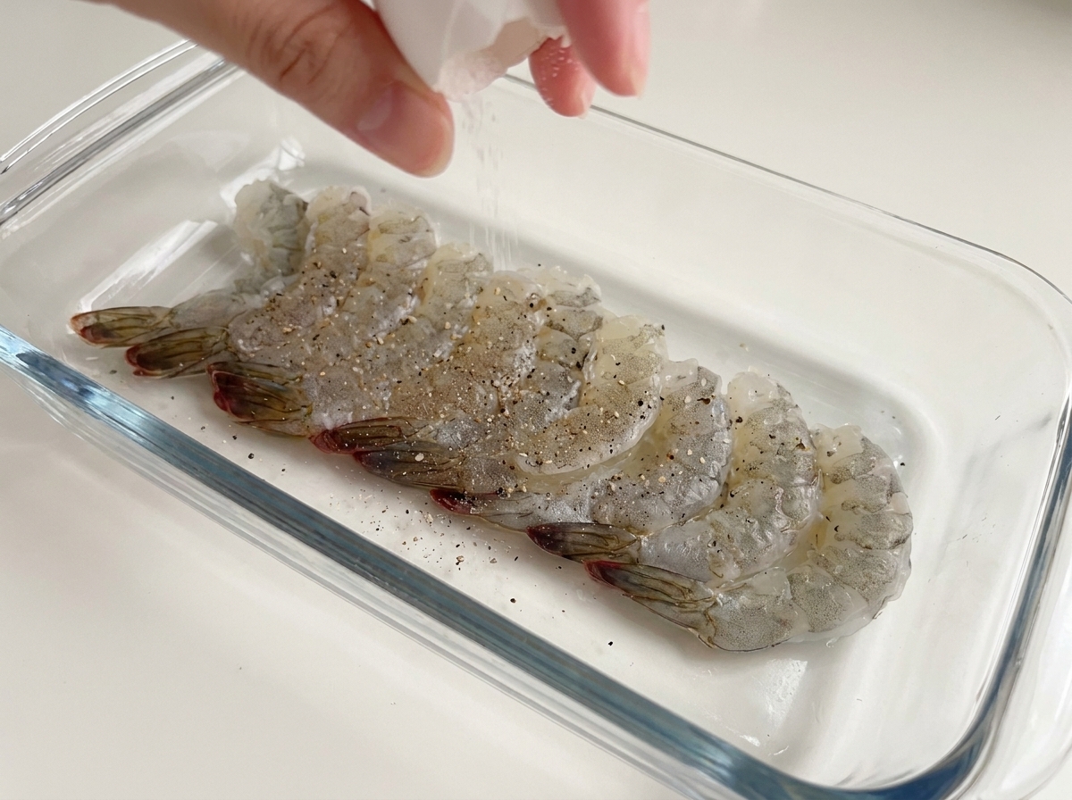 A hand grinding sea salt and black pepper onto raw shrimp in a glass dish.