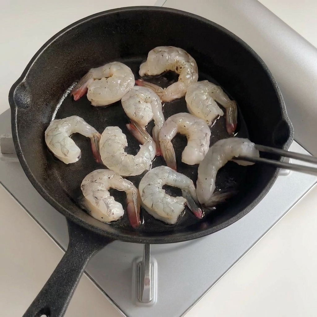 Tongs placing seasoned raw shrimp into a black cast iron skillet coated with warm olive oil.
