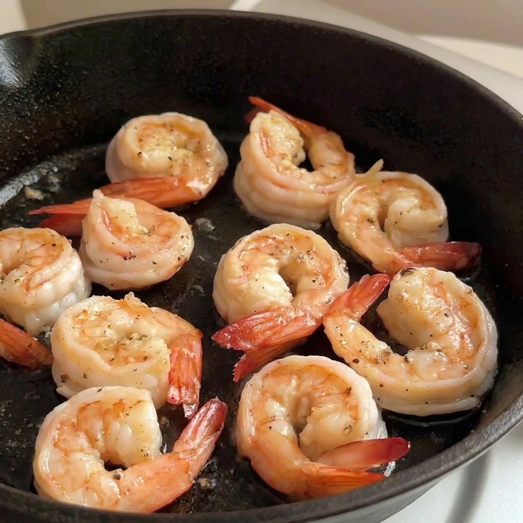 Cooked, bright pink shrimp curling up and searing slightly in a black cast iron pan.