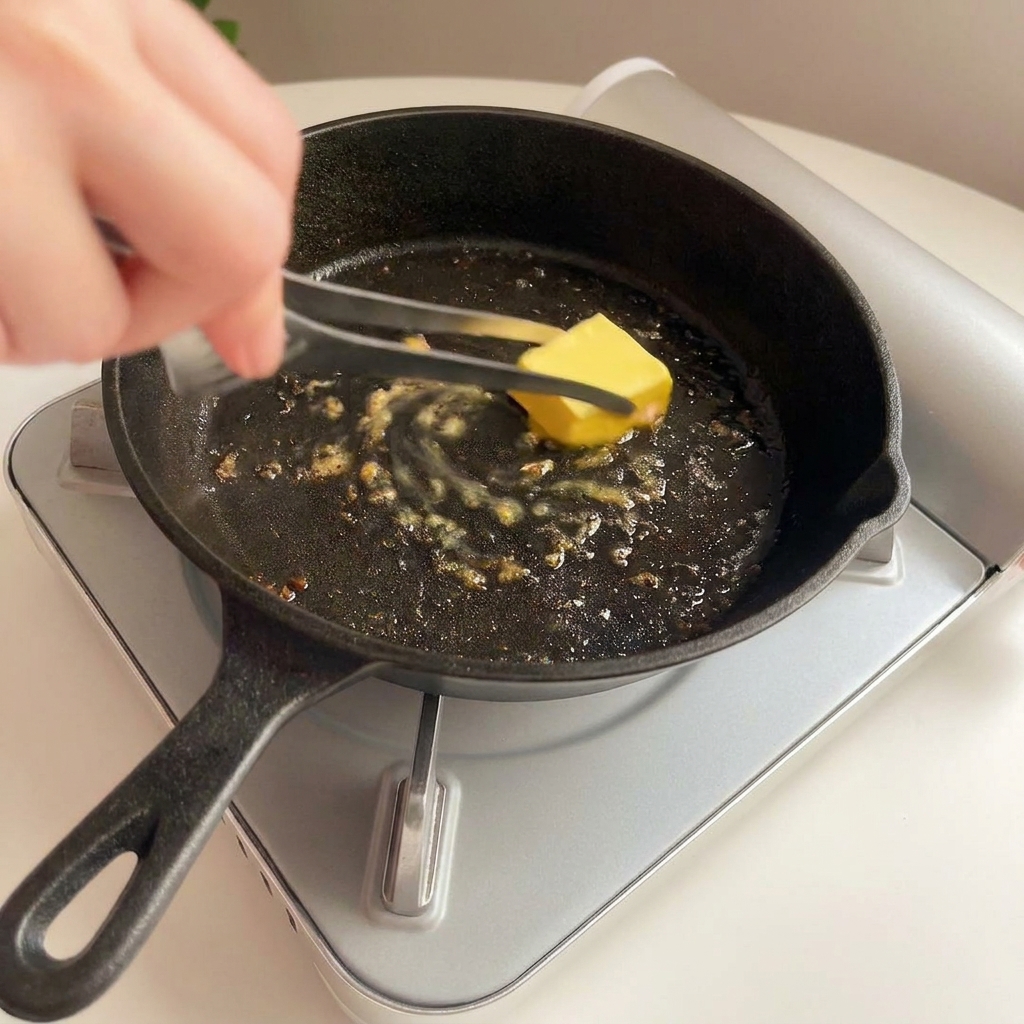 A hand using tongs to place a square pat of butter into a hot cast iron skillet.