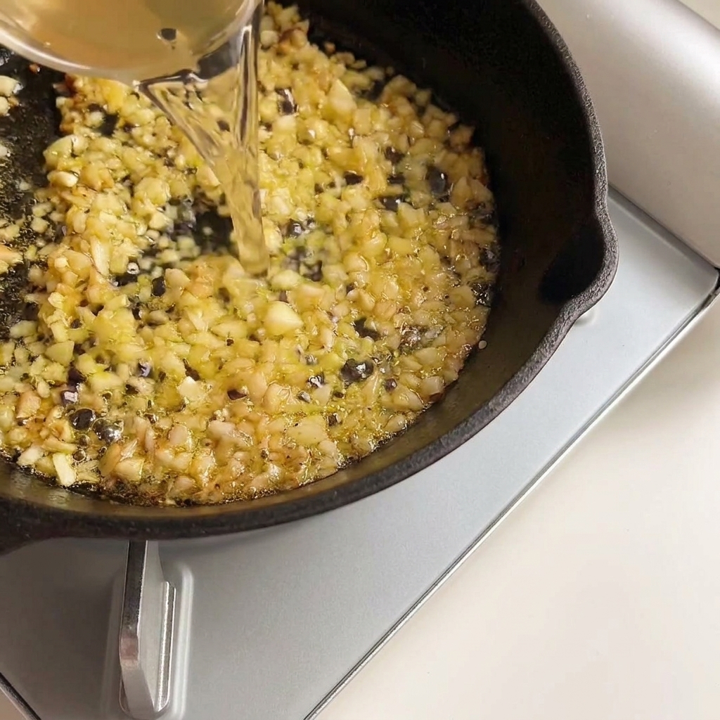 Clear white wine being poured into a skillet with sautéed garlic.