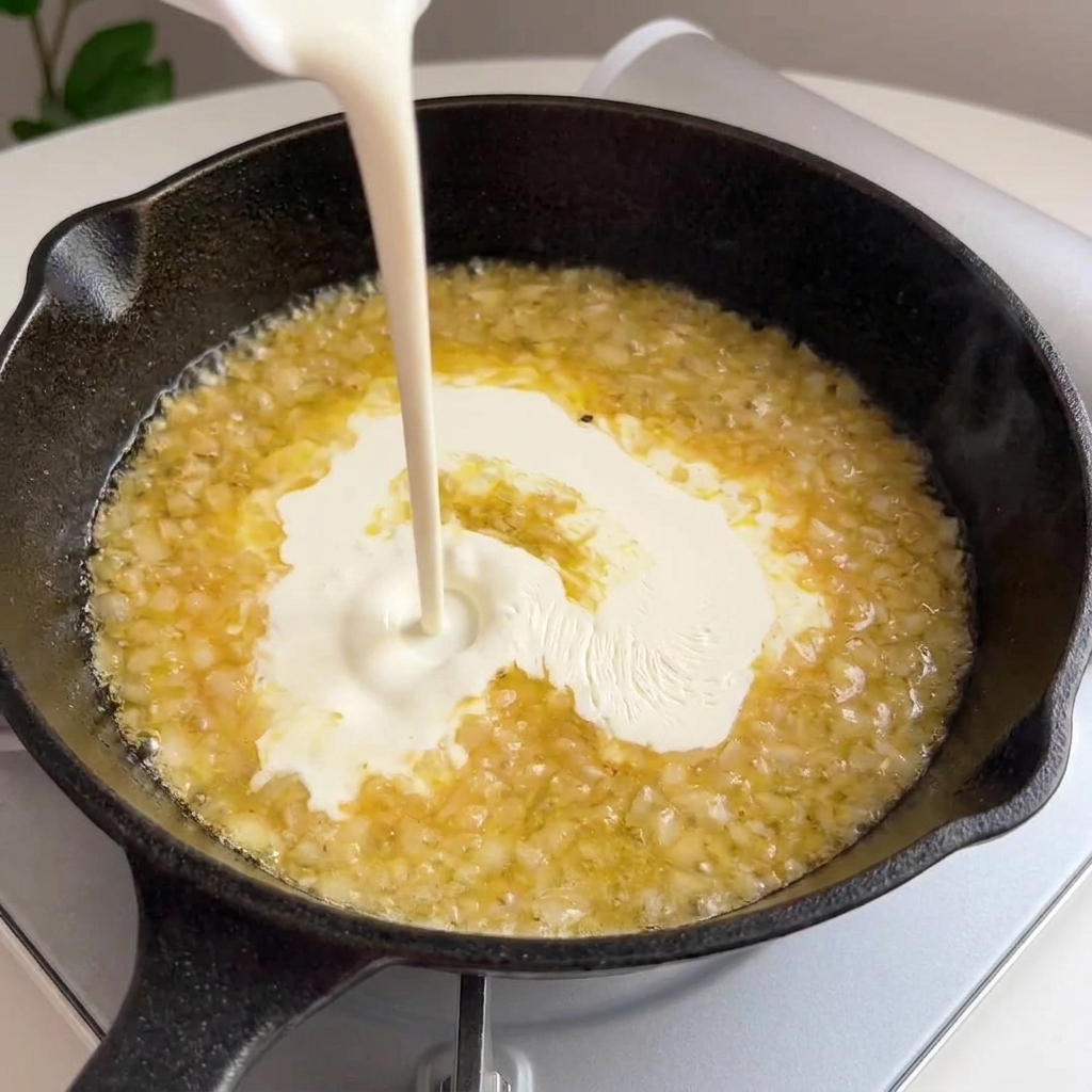 Thick white cream being poured into a bubbling wine and garlic reduction in a skillet.