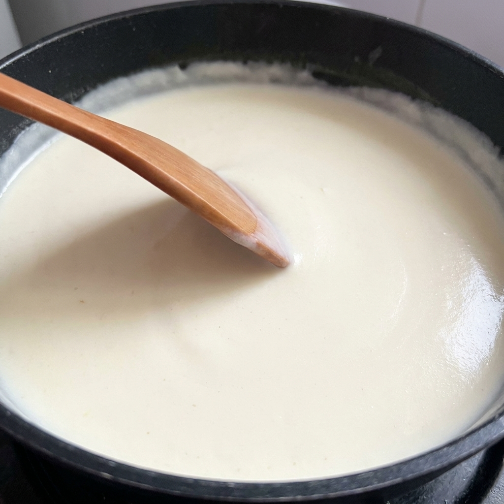 A creamy white pasta sauce being stirred with a wooden spatula, speckled with black pepper.