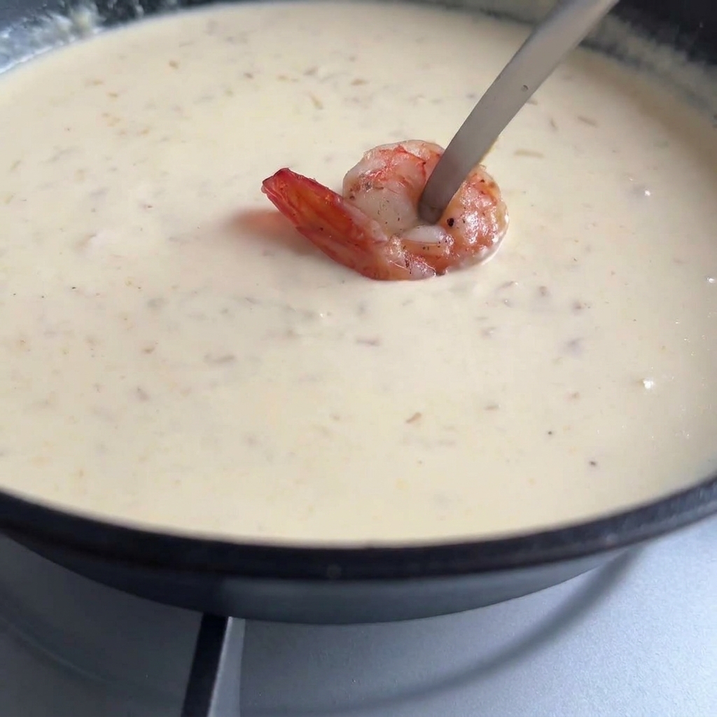 Tongs placing a cooked, pink shrimp into a pan of simmering, smooth white cream sauce.