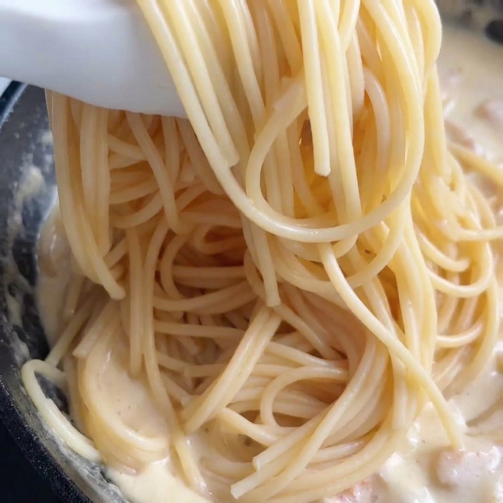 White tongs lifting a large portion of cooked spaghetti noodles over a pan filled with creamy sauce.