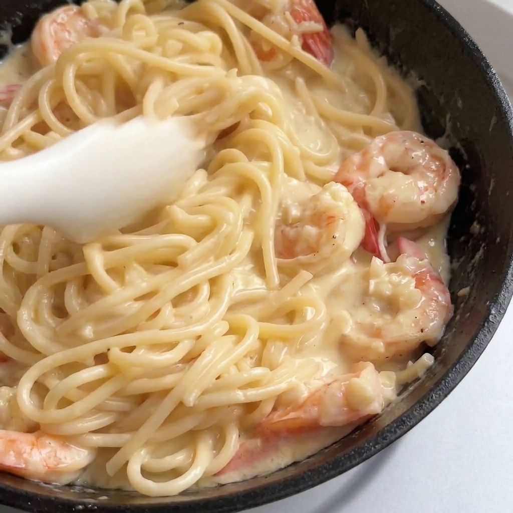 Tossing spaghetti and pink shrimp together in a creamy garlic sauce using white silicone tongs.