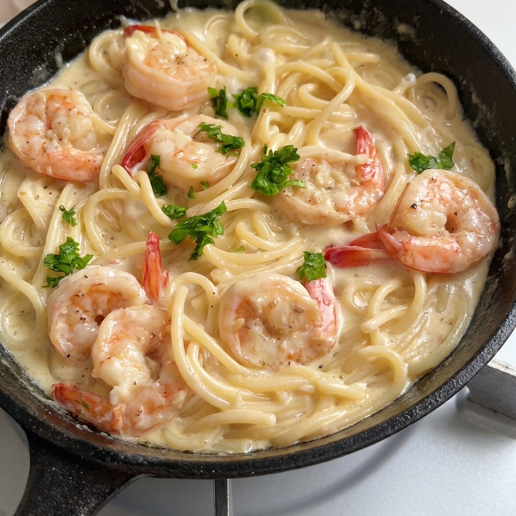 Finished creamy shrimp pasta in a dark skillet, beautifully garnished with chopped fresh green parsley.