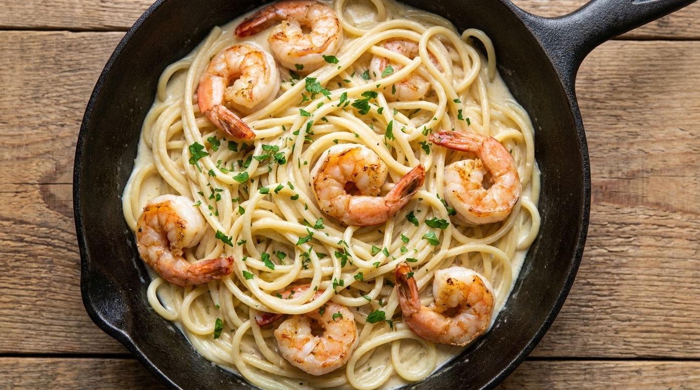 Creamy White Wine Garlic Shrimp Spaghetti