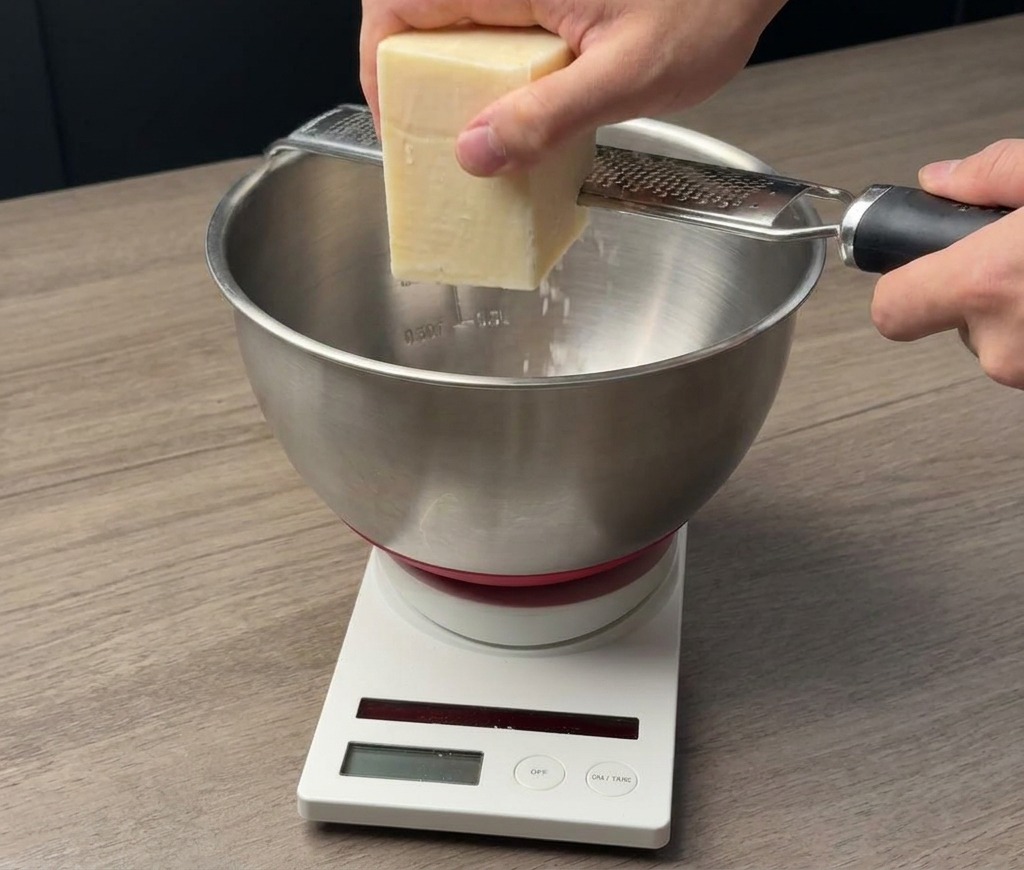 A hand holding a block of cheese and grating it against a metal grater into a stainless steel bowl sitting on a white digital scale.