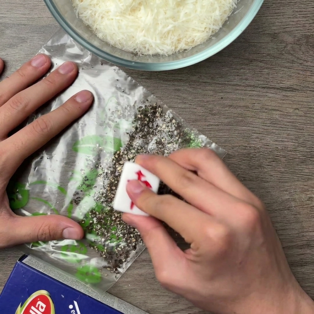 Hands pressing down on a heavy kitchen tool to crush black peppercorns inside a clear plastic ziplock bag.