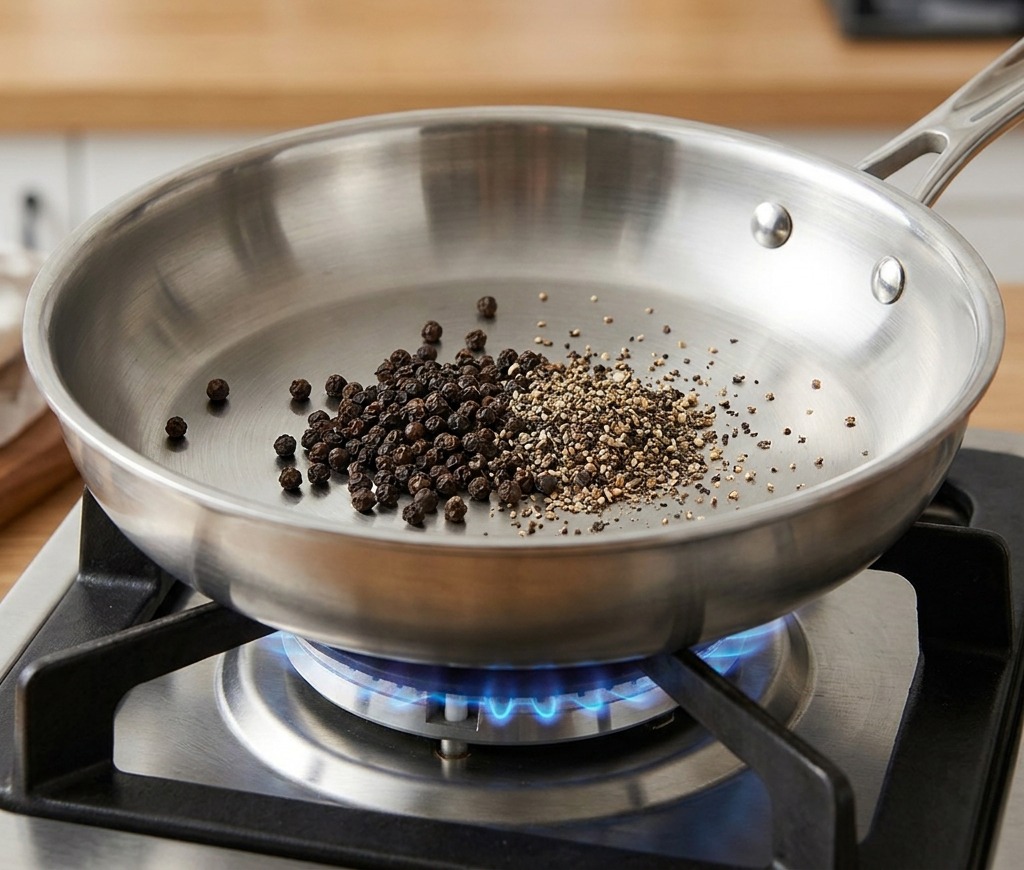 Coarsely crushed black peppercorns toasting in a dry stainless steel pan over a blue gas flame.