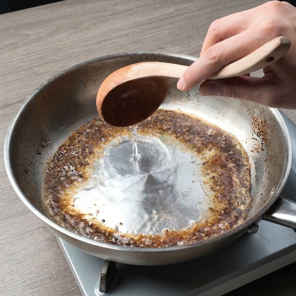 A hand using a wooden ladle to pour hot water into a pan of sizzling toasted black pepper.