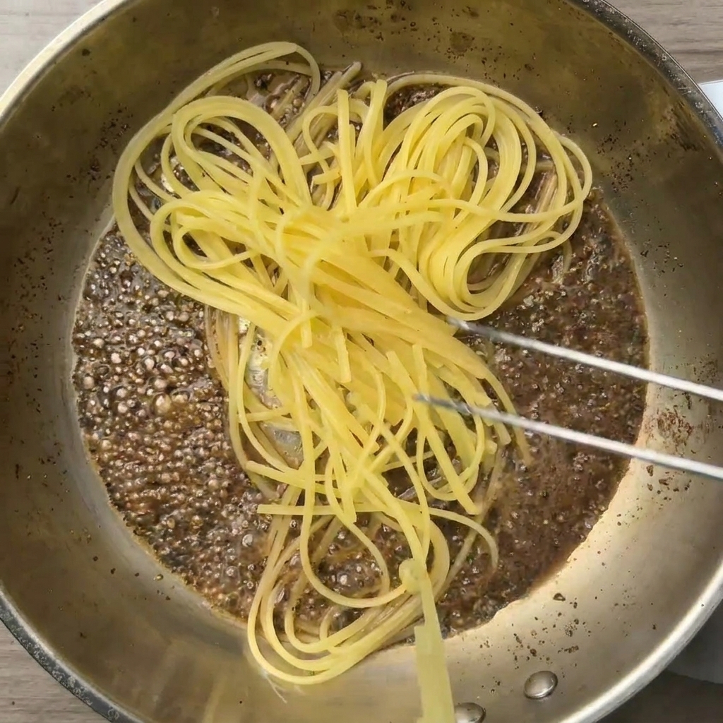 Metal tongs dropping partially cooked spaghetti into a stainless steel skillet filled with dark pepper-infused water.