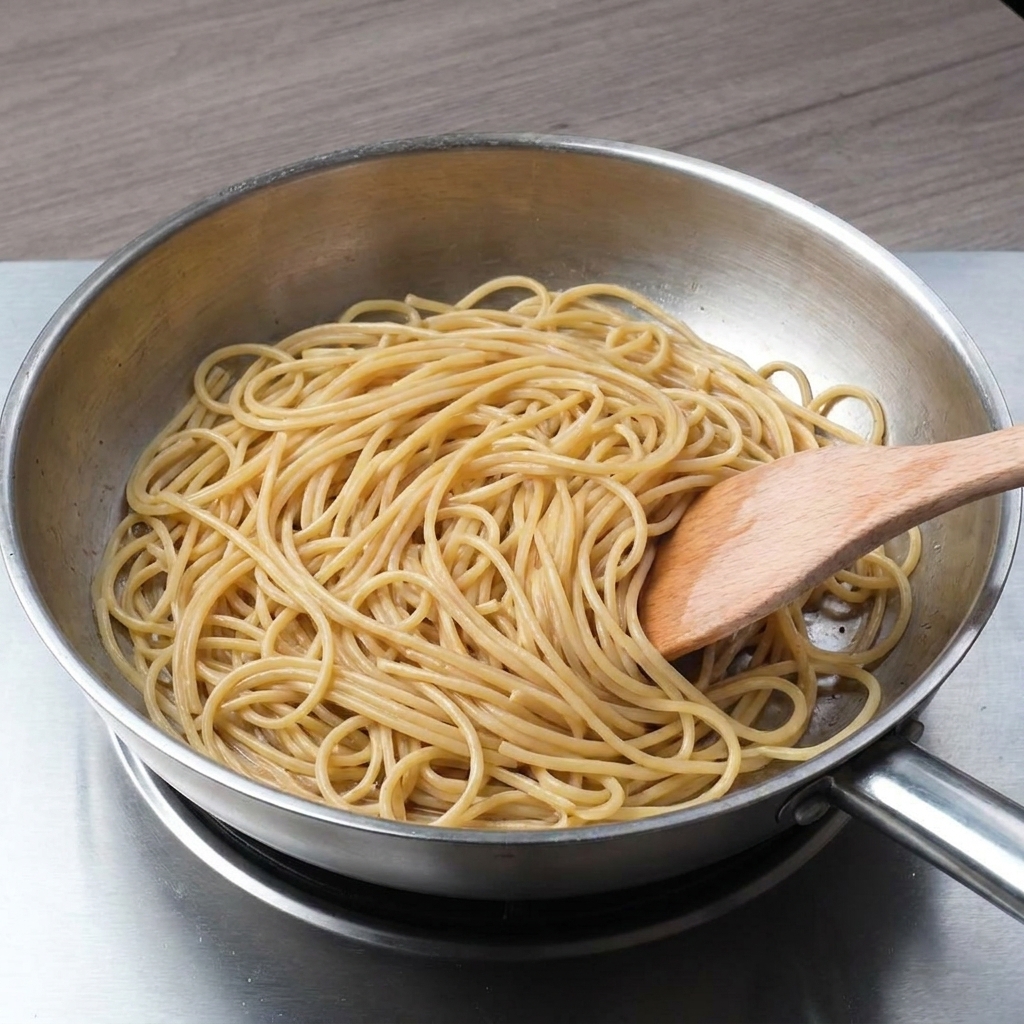 Spaghetti being actively stirred and tossed in a stainless steel skillet with a wooden spatula.