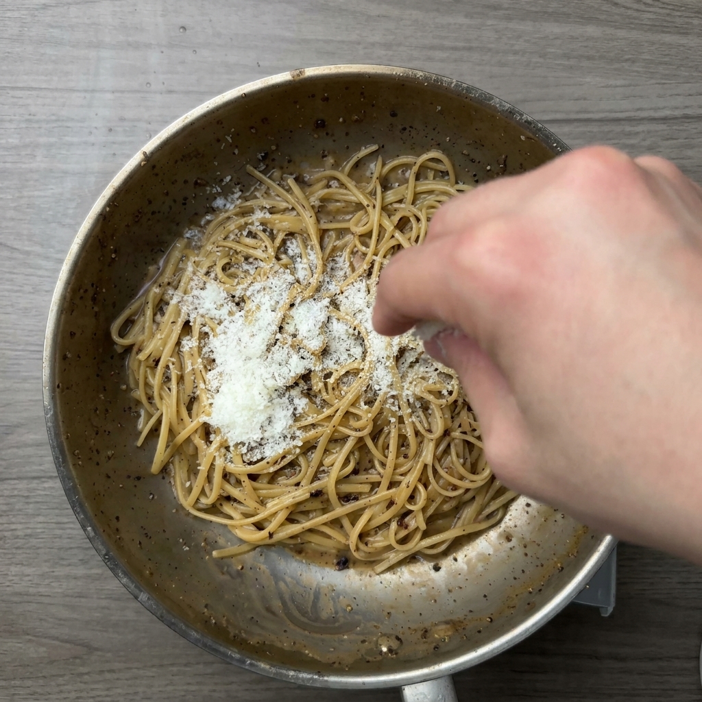 A hand sprinkling freshly grated cheese over hot, pepper-speckled pasta in a metal skillet.