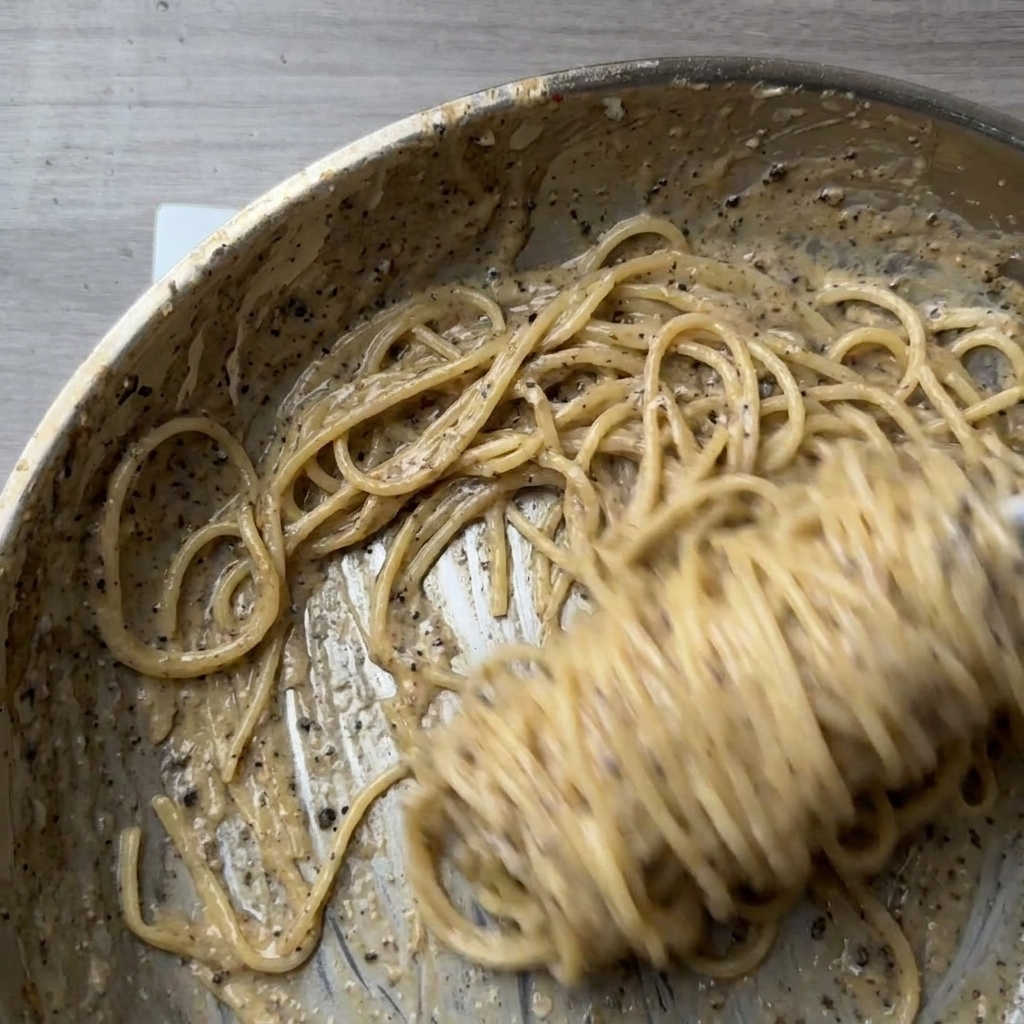 Spaghetti being vigorously twirled and stirred in a metal skillet, coated in a thick, creamy cheese sauce heavily speckled with black pepper.