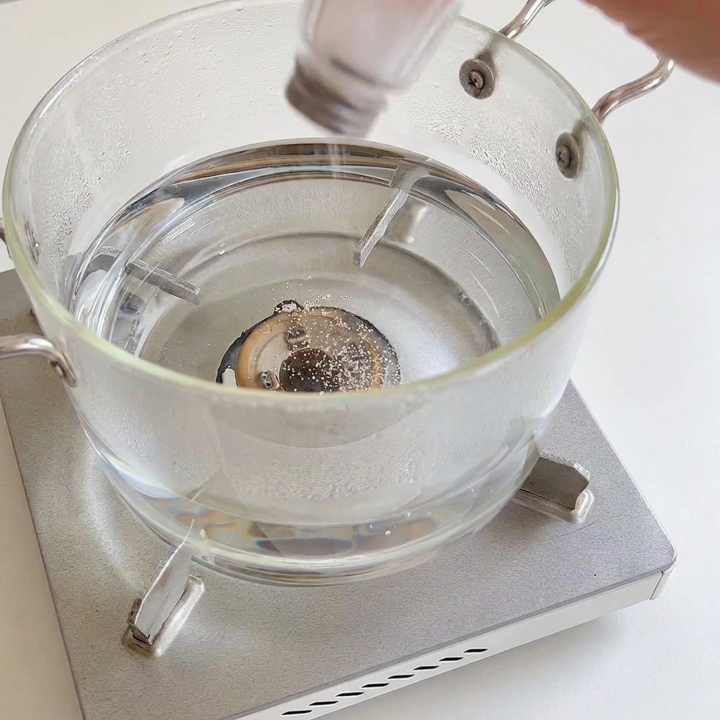 A salt shaker sprinkling salt into a bubbling clear glass pot of water on a stove.