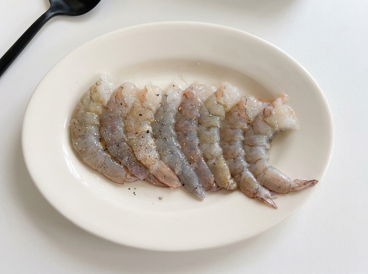 Raw, peeled grey prawns neatly arranged on an oval white plate, dusted with black pepper.