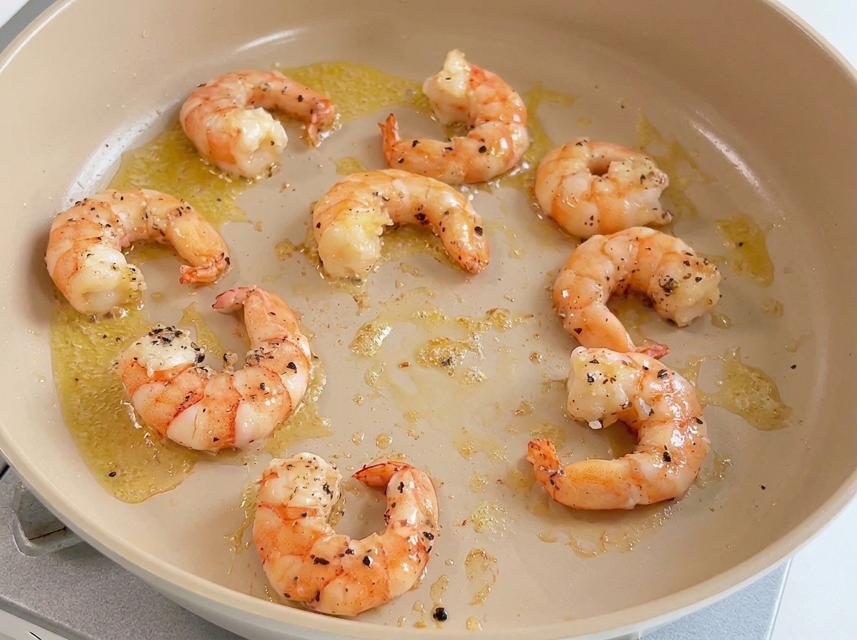 Several seasoned prawns frying in a pan, turning pink and opaque as they cook in melted butter.
