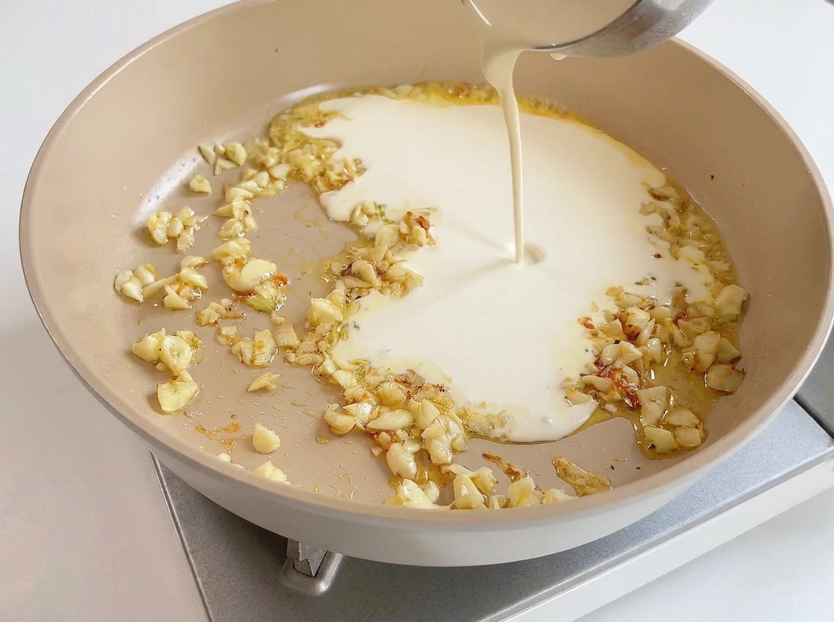 White liquid cream being poured from a small saucepan into a frying pan containing sautéed minced garlic.