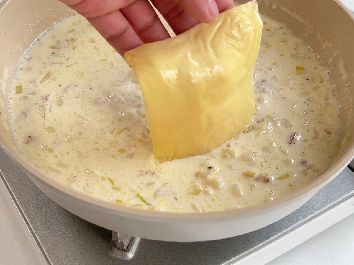 A hand holding a square slice of yellow cheese, dipping it into a pan of simmering white cream sauce with minced garlic.