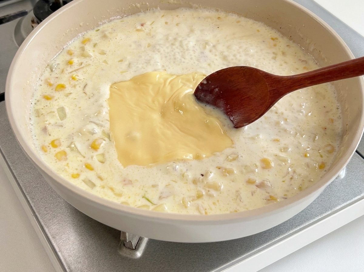 A wooden spoon stirring a melting slice of yellow cheese into a creamy, bubbling sauce in a beige pan.