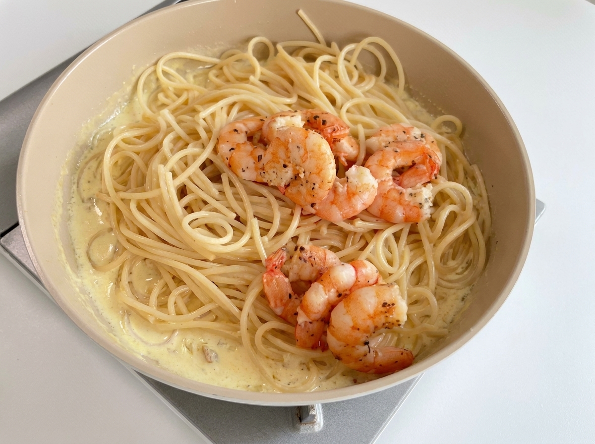Several seared prawns resting on top of creamy spaghetti in a cooking pan.
