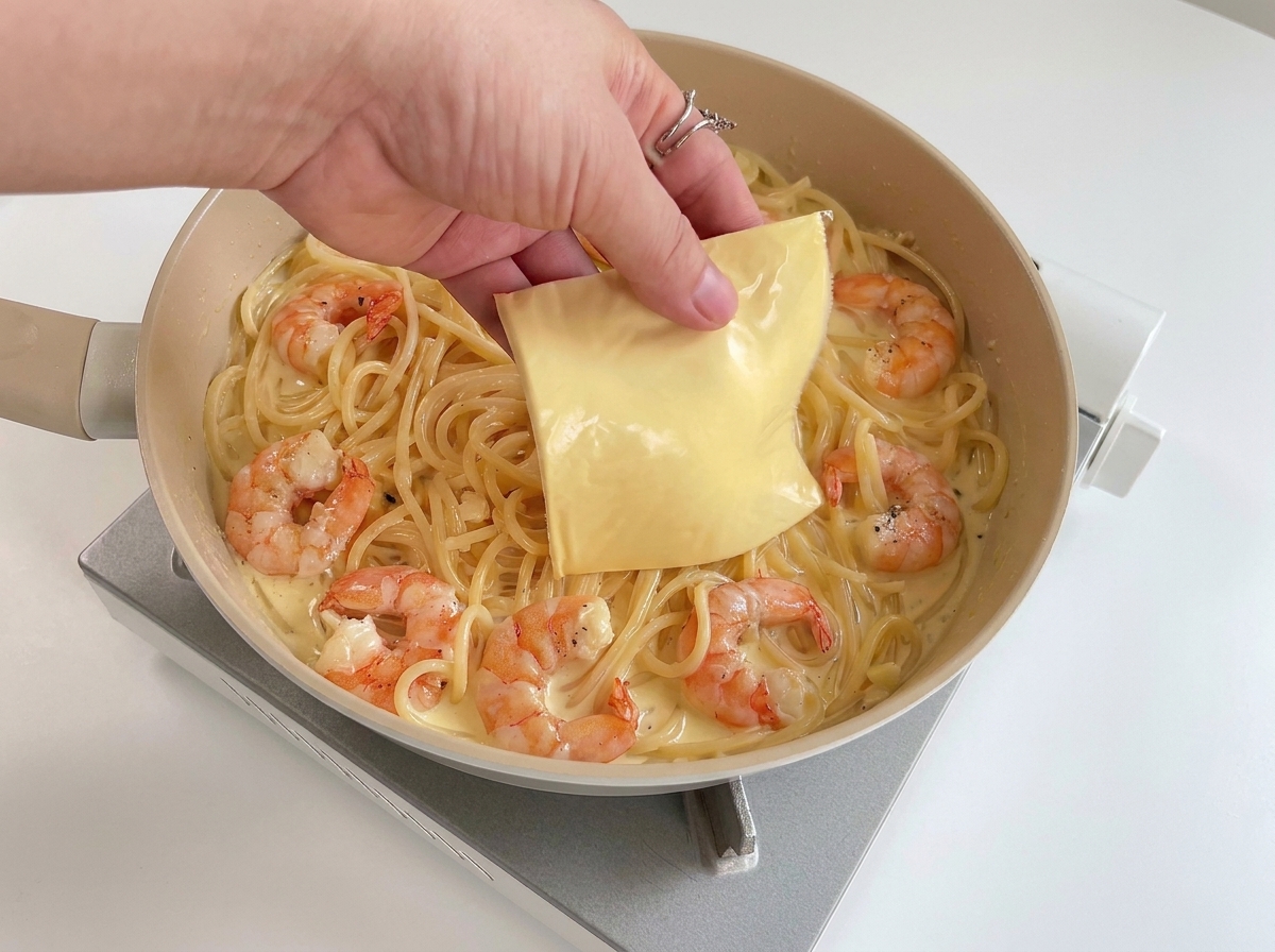 A hand placing a square slice of yellow cheese on top of a pan filled with creamy garlic prawn pasta.