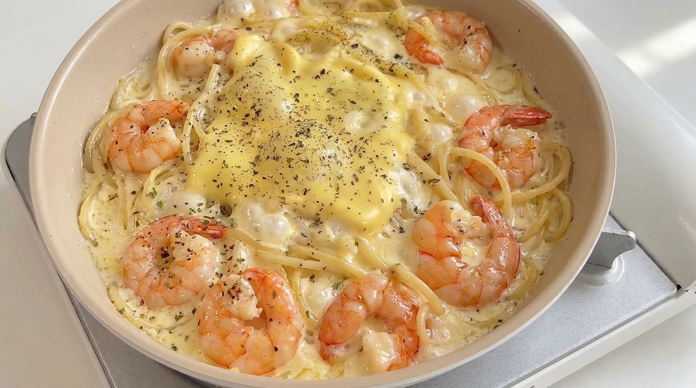 Creamy Garlic Butter Prawn Pasta with Cheese