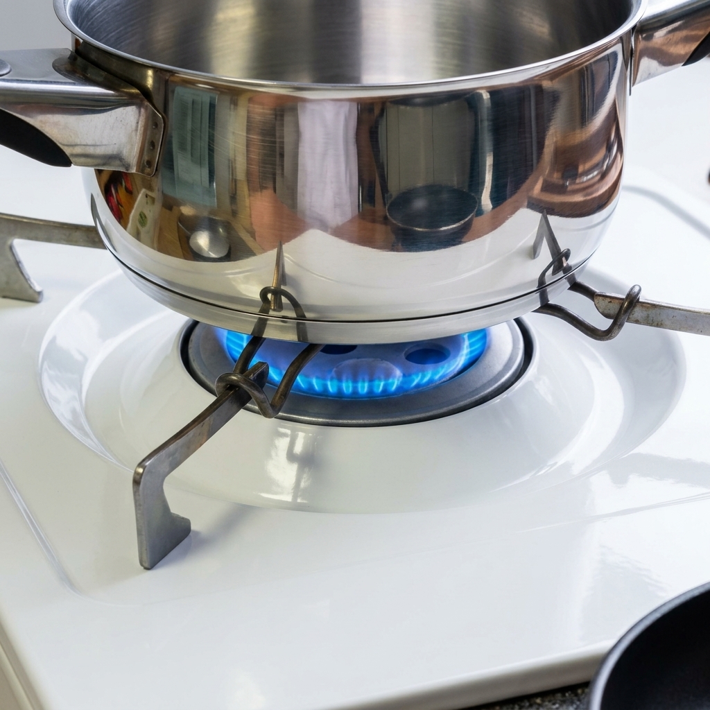 A small stainless steel pot sitting on a lit gas stove burner, heating black peppercorns.