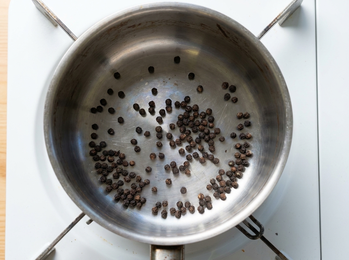 Overhead view of whole black peppercorns resting in the bottom of a dry stainless steel pot.