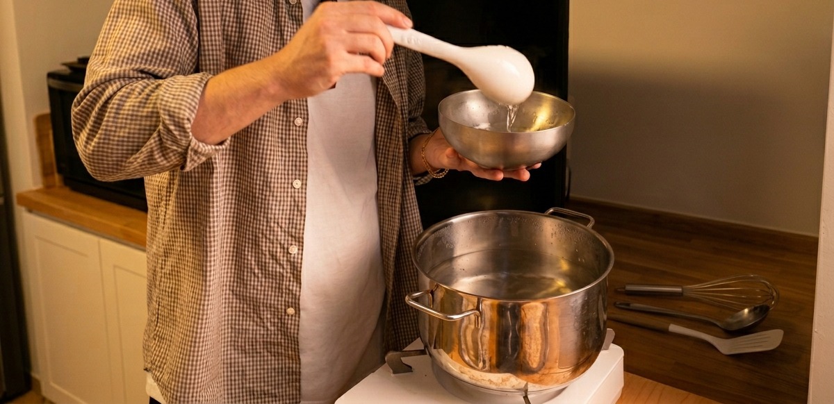 A white ladle pouring hot steaming liquid into a metal bowl holding dark crushed black pepper.