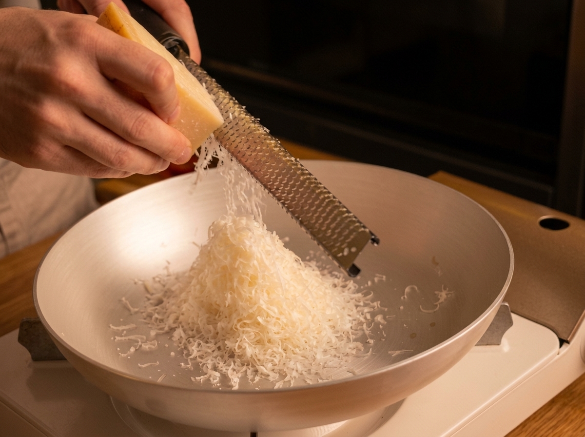 Hands pushing a block of Pecorino cheese across a fine grater, creating a mound of fluffy cheese shreds in a metal pan.