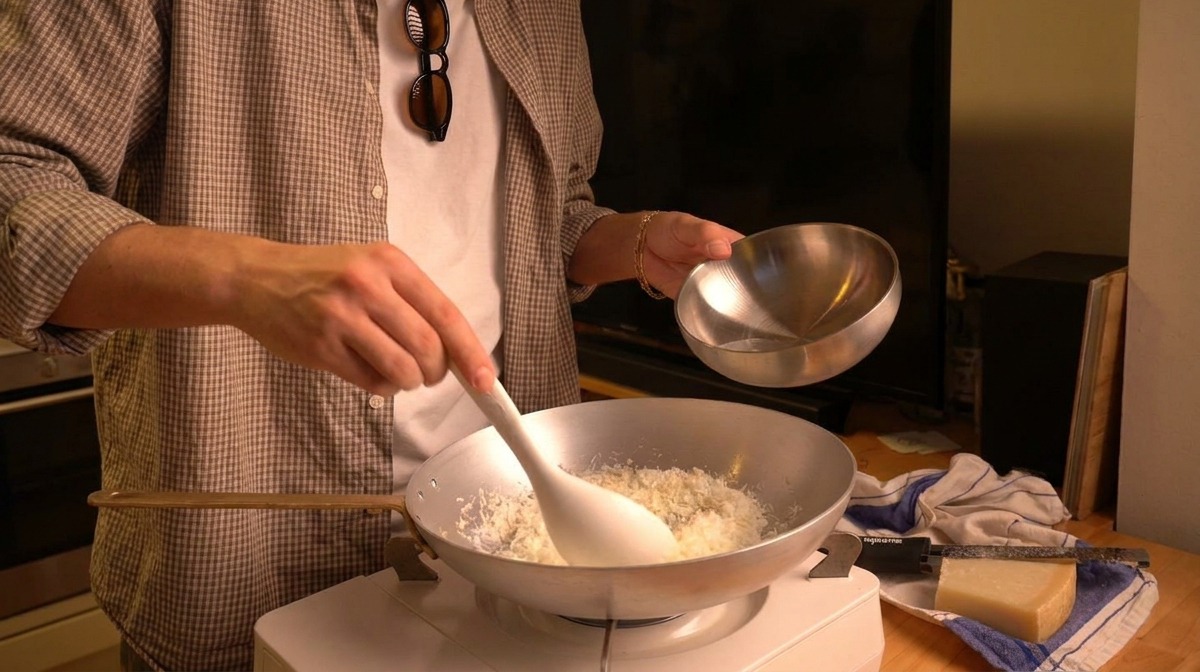 Pouring warm water from a small silver bowl into a pan of freshly grated Pecorino cheese.