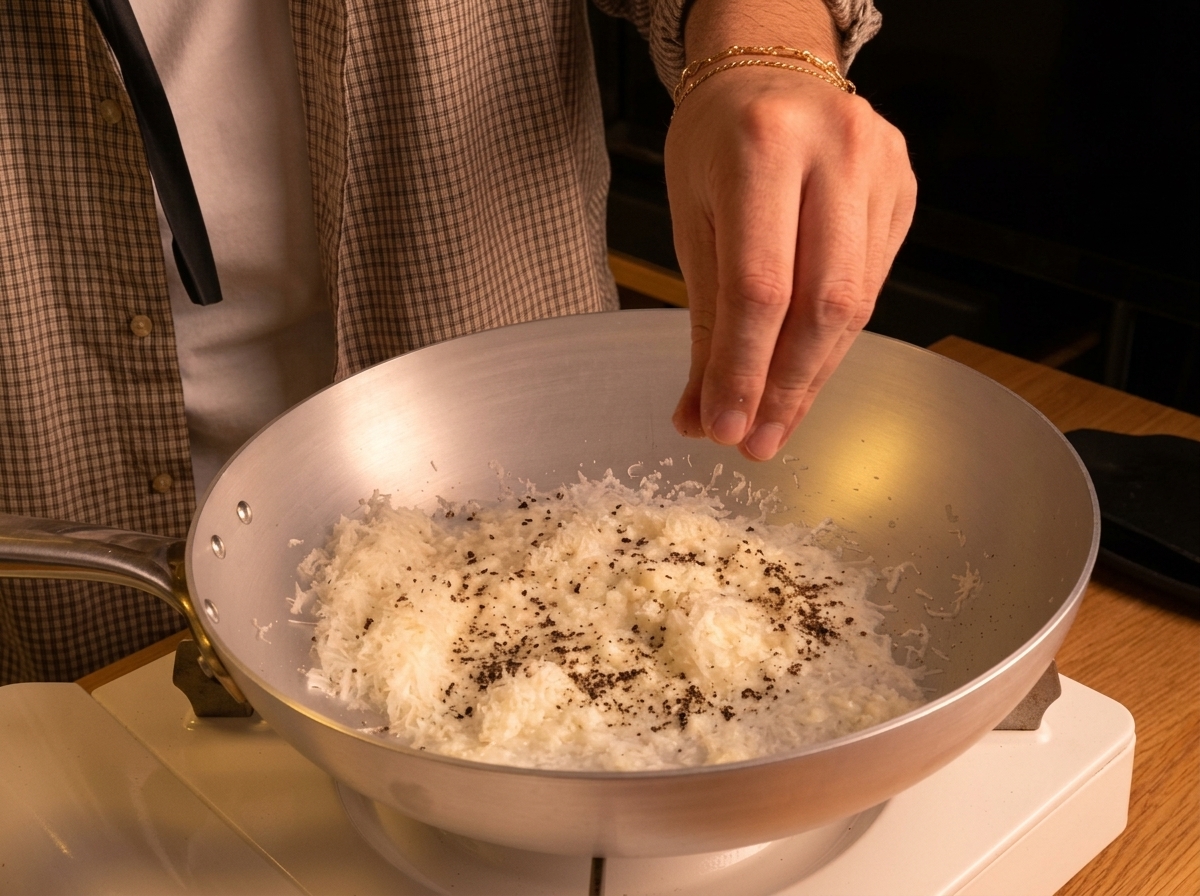 Sprinkling freshly crushed black pepper over the moistened Pecorino cheese in the cooking pan.