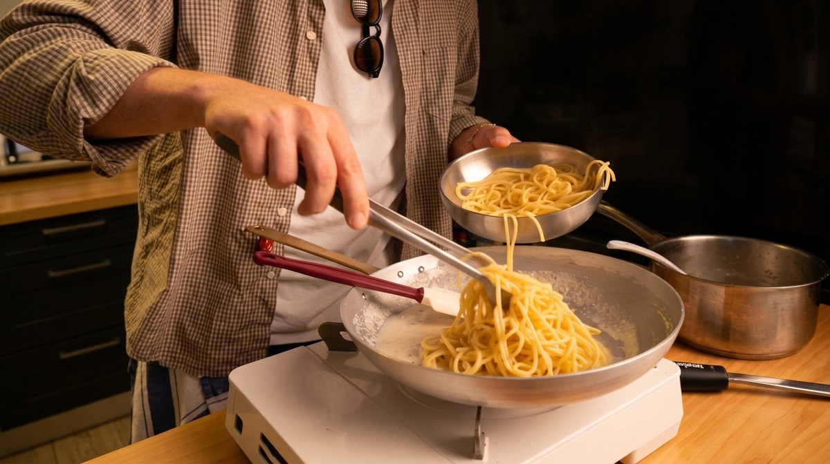 Using tongs to transfer hot, cooked spaghetti directly into the pan with the creamy cheese paste.