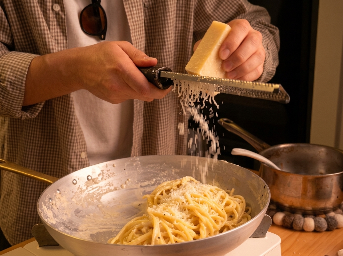 Hands grating a block of fresh Pecorino cheese over a pan of cooked spaghetti using a fine grater.