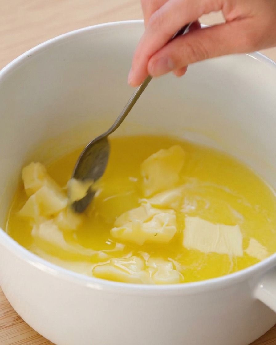 A hand using a metal spoon to stir melting chunks of butter in a white pot.