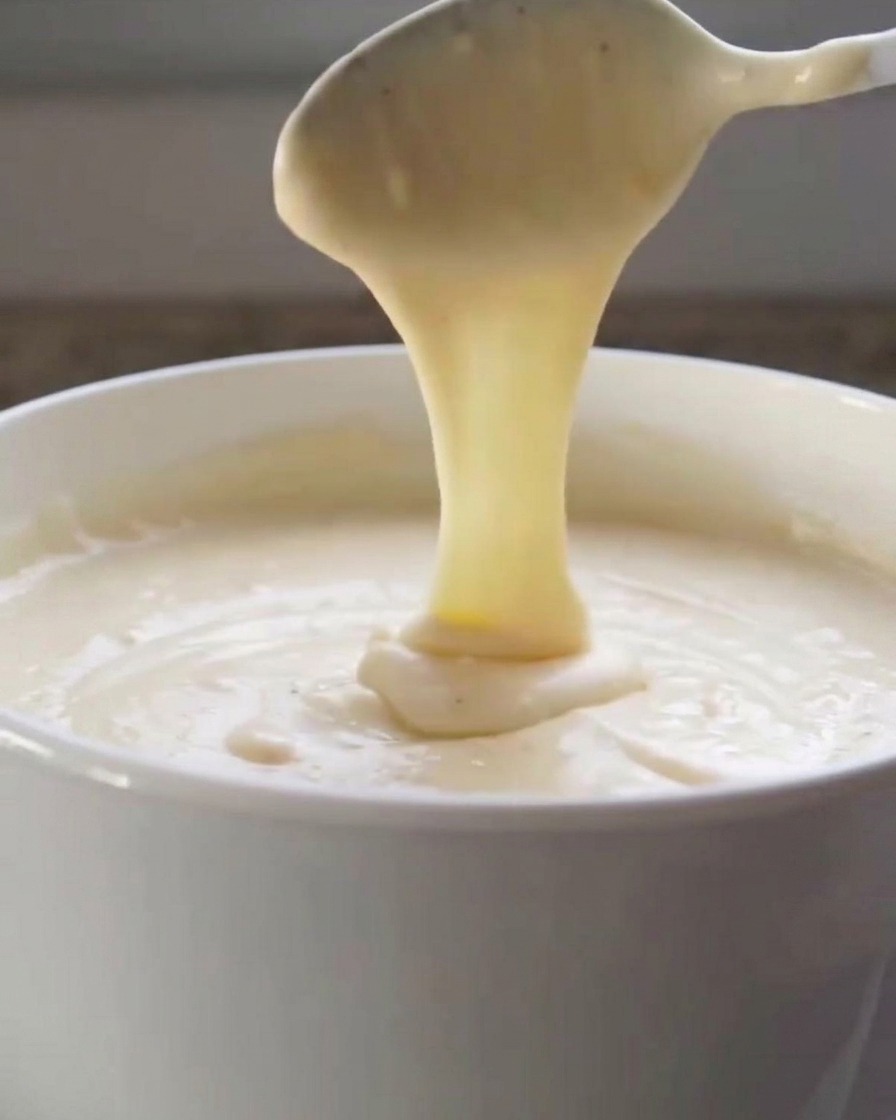 A white spoon lifting a thick, glossy, smooth cheese sauce from a white bowl, showing its creamy consistency.