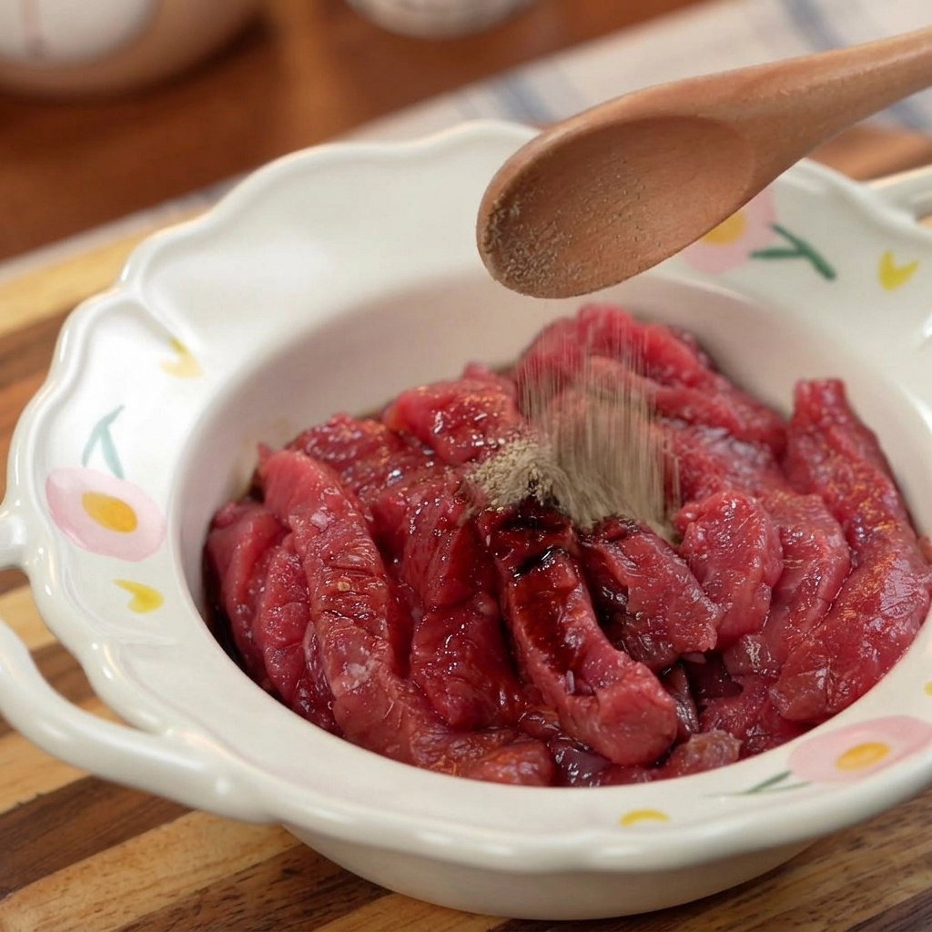 A wooden spoon sprinkling black pepper and seasonings over sliced raw beef in a decorative white bowl with a floral pattern.