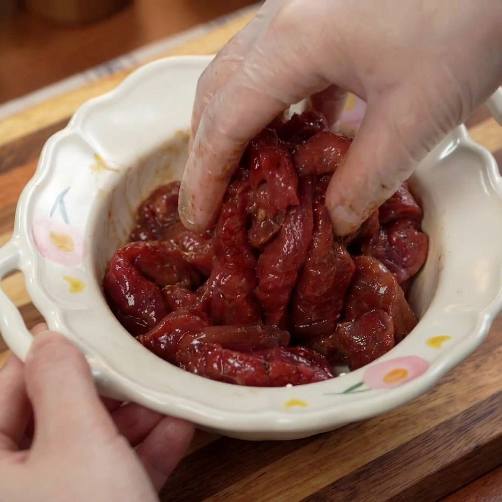 A gloved hand mixing raw beef strips with a dark marinade in a decorative white bowl with a floral pattern.