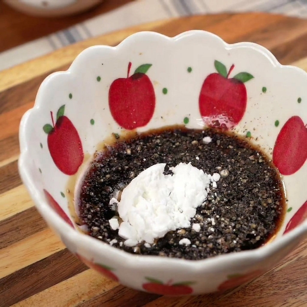 A small bowl patterned with red apples containing an unmixed combination of dark soy sauce, crushed black pepper, and white cornstarch.