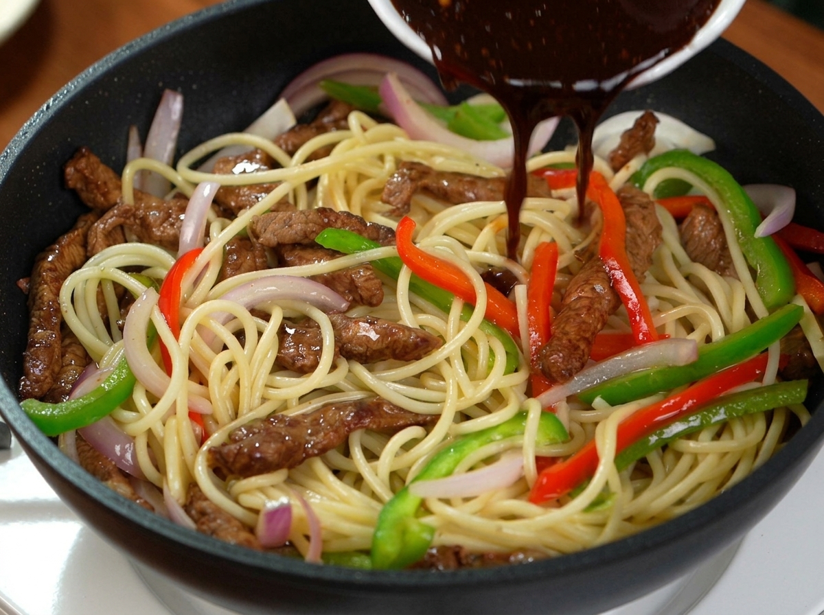 Dark, rich black pepper sauce being poured from a white bowl over a mix of spaghetti, beef strips, and sliced bell peppers in a black pan.