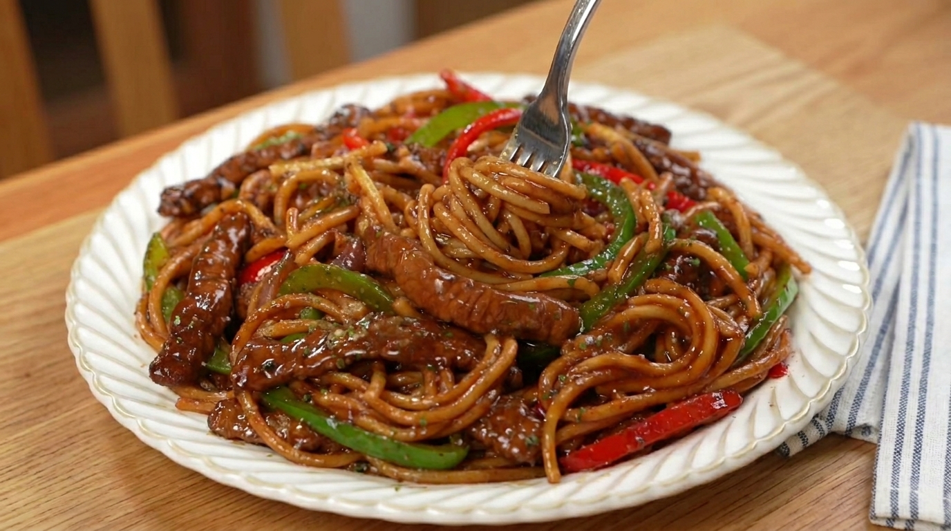 Asian-Style Black Pepper Beef Spaghetti