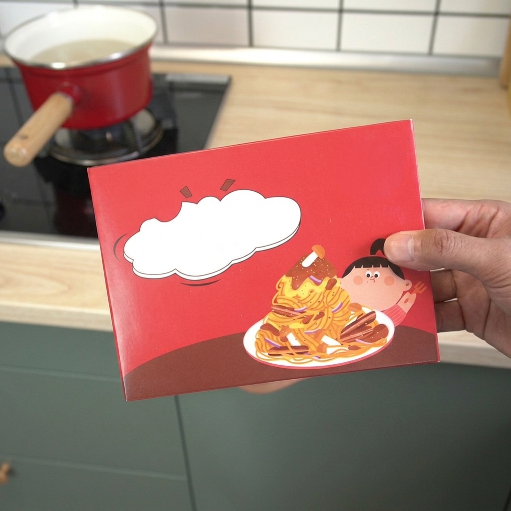 A hand holding up a red box of pre-packaged black pepper beef spaghetti in front of a kitchen counter.