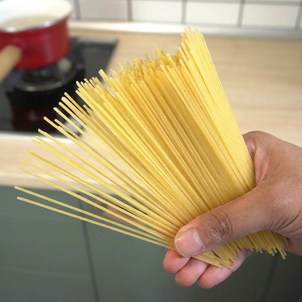 A hand dropping a bundle of dry yellow spaghetti into a red pot of boiling water.