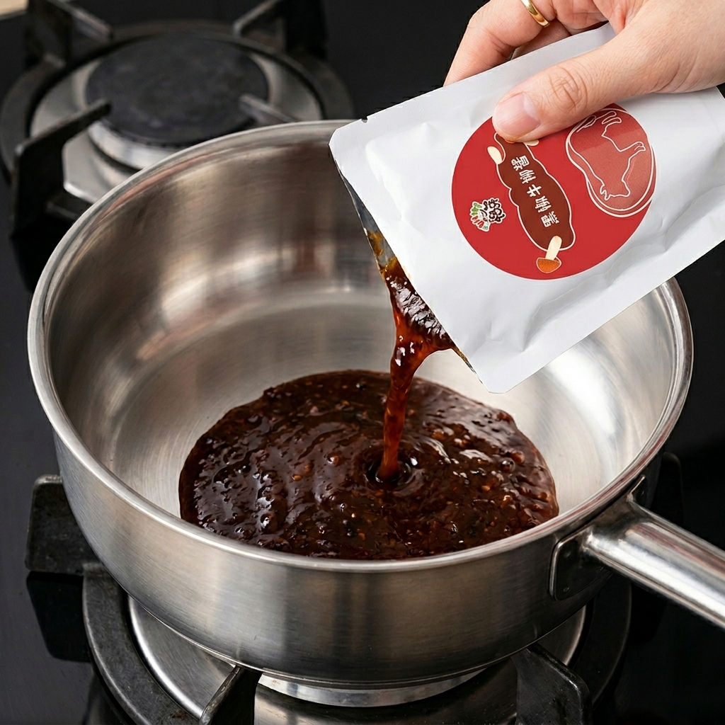 Thick, dark brown black pepper beef sauce being poured from a white pouch into a stainless steel pan.
