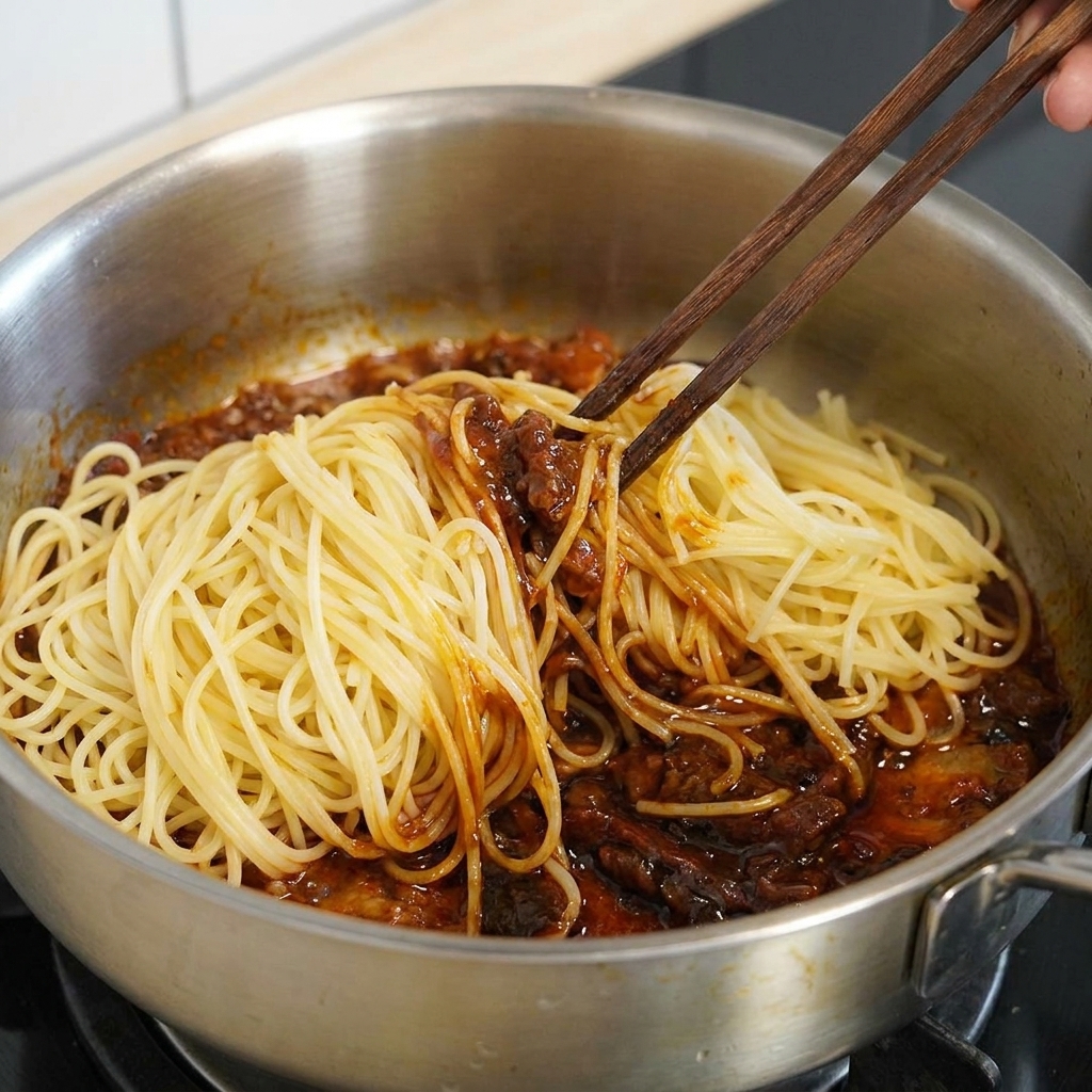 Wooden chopsticks tossing hot spaghetti and dark black pepper beef sauce together in a stainless steel pan.